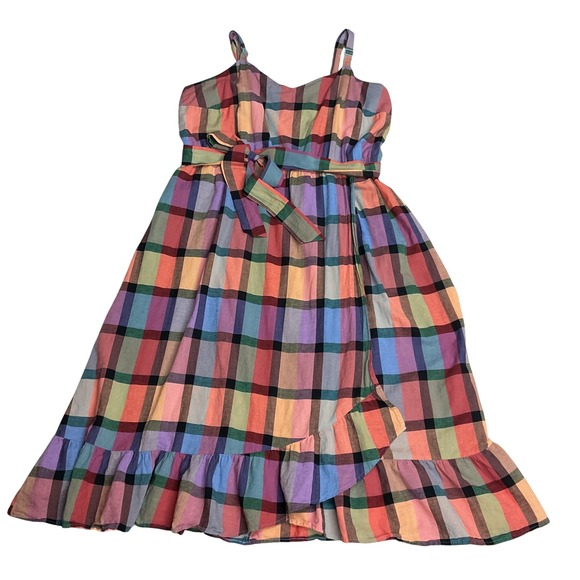 Lane Bryant Women's Plaid Print Madras Faux Wrap Boho Ruffle Midi Sundress Sz 28 - Picture 2 of 10